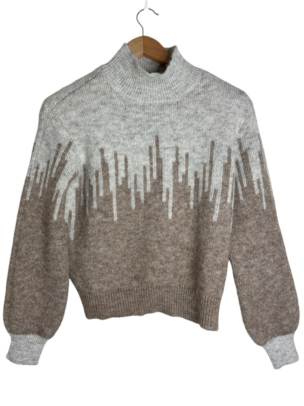 Ophelia Roe Turtleneck Two-Tone Heather Gray-Camel Geo Pattern Neutral Sweater S